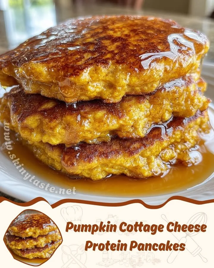 Pumpkin Cottage Cheese Protein Pancakes served with maple syrup