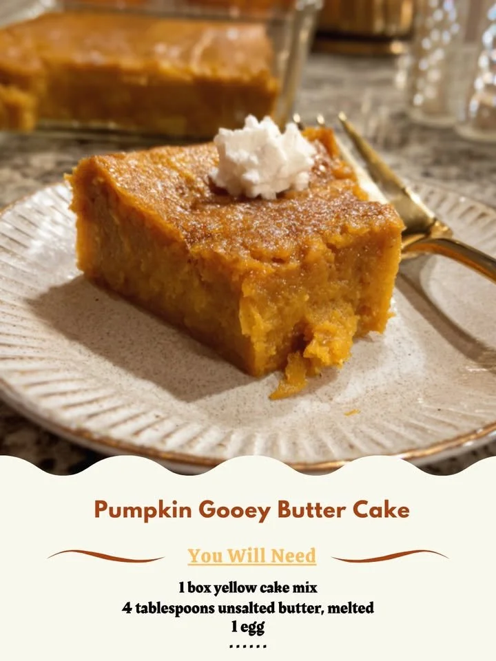 Delicious Pumpkin Gooey Butter Cake served on a plate with a fork
