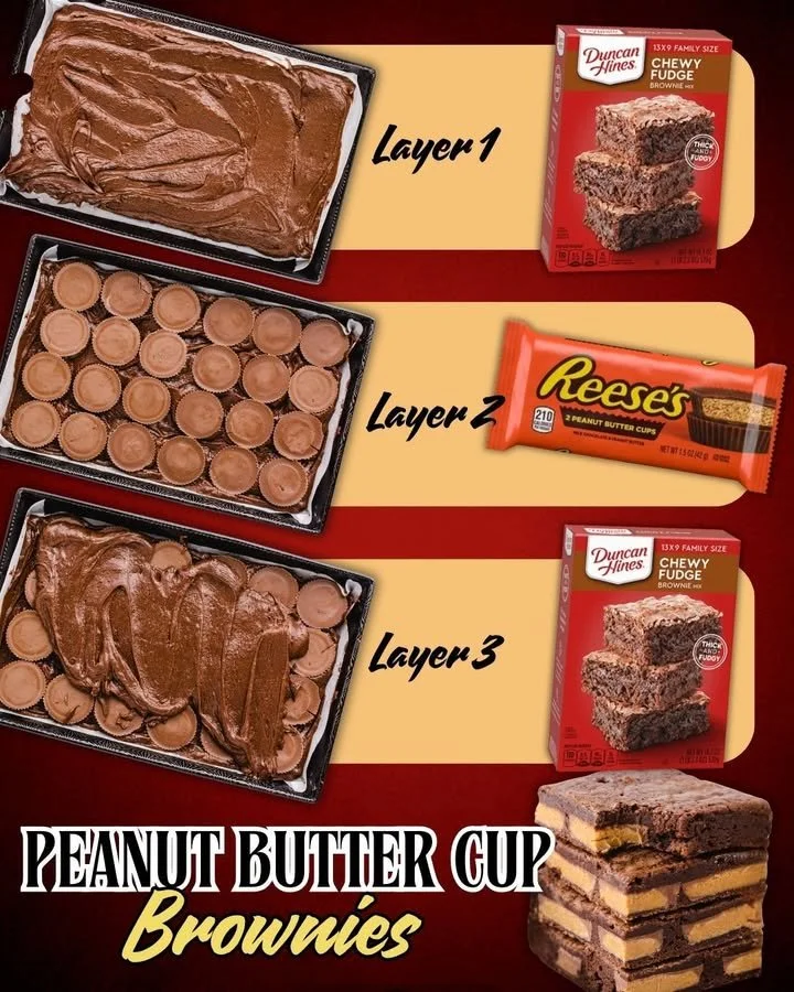 Delicious REESE'S peanut butter cup brownies topped with creamy peanut butter.