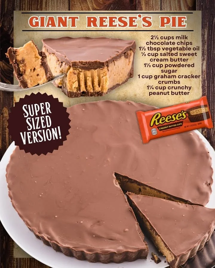 REESE'S Peanut Butter Cup Pie topped with chocolate and peanut butter