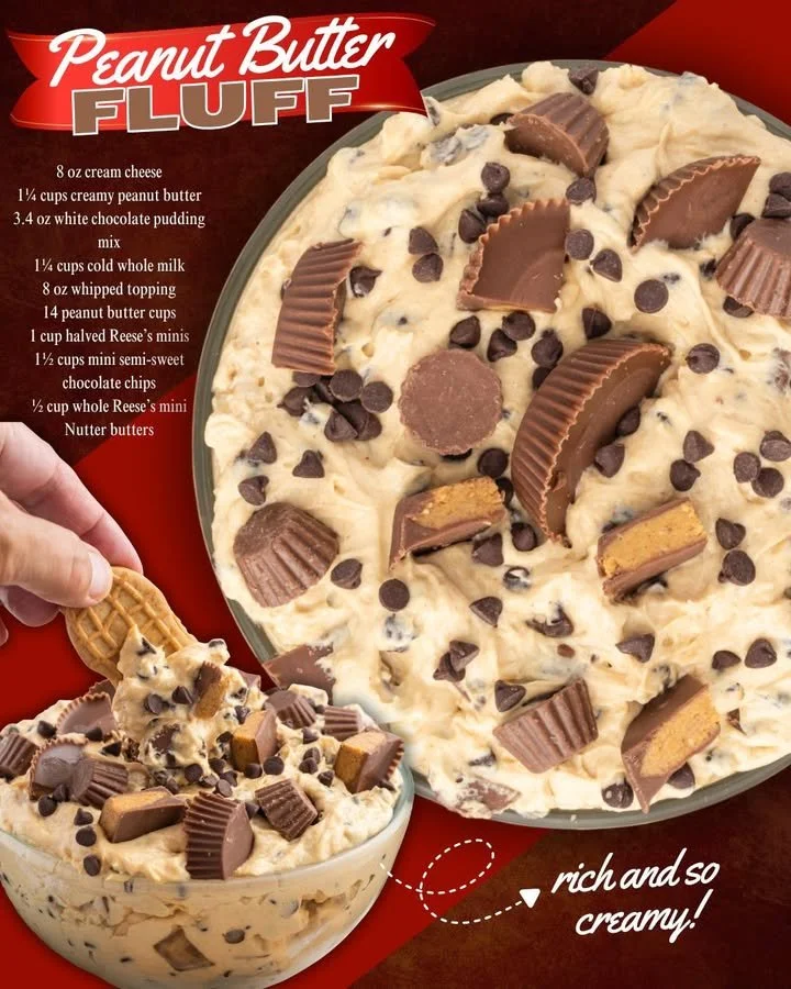 Delicious Reese's Peanut Butter Fluff dessert topped with chocolate and peanut butter.