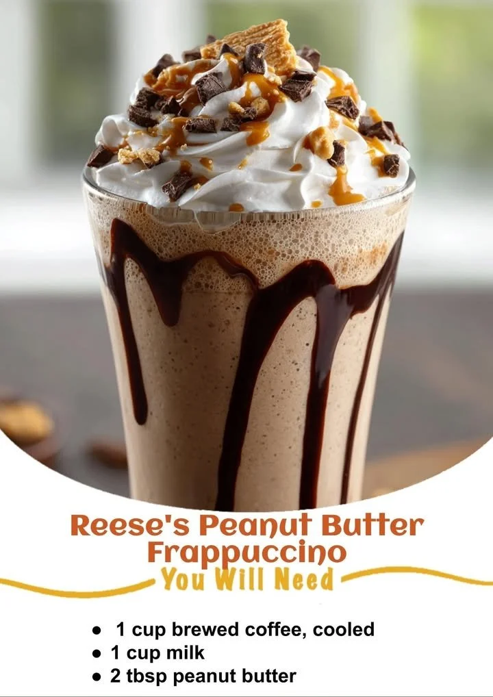 Delicious Reese's Peanut Butter Frappuccino topped with whipped cream and chocolate