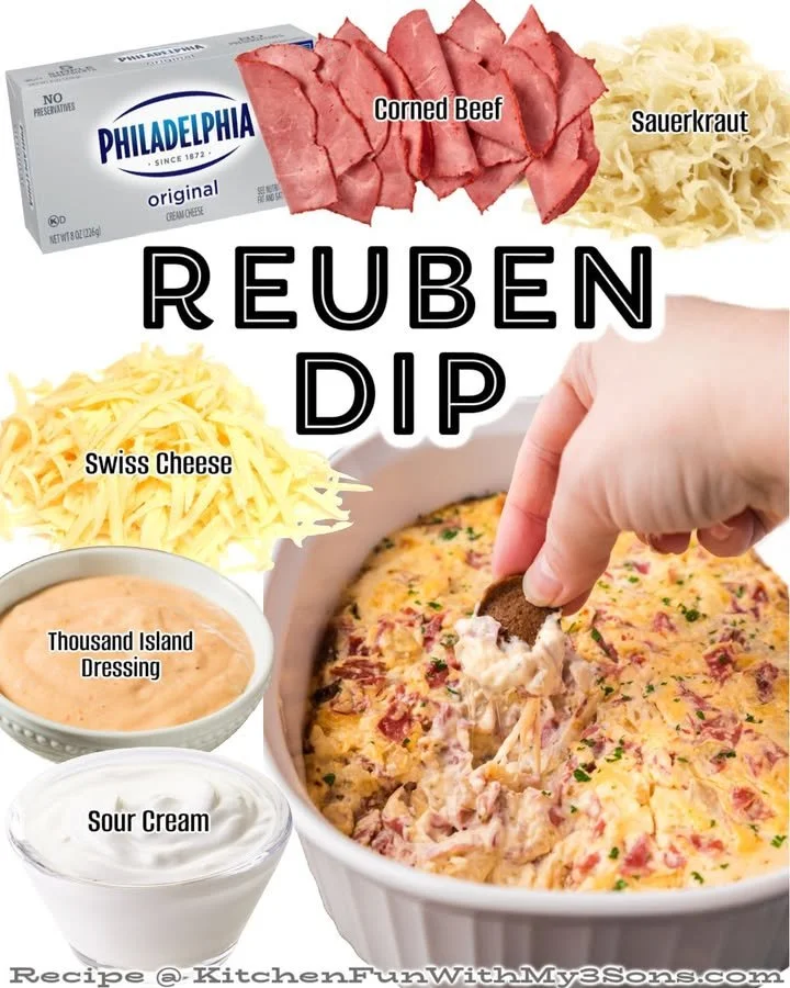 Delicious Reuben Dip served with crackers in a rustic bowl.