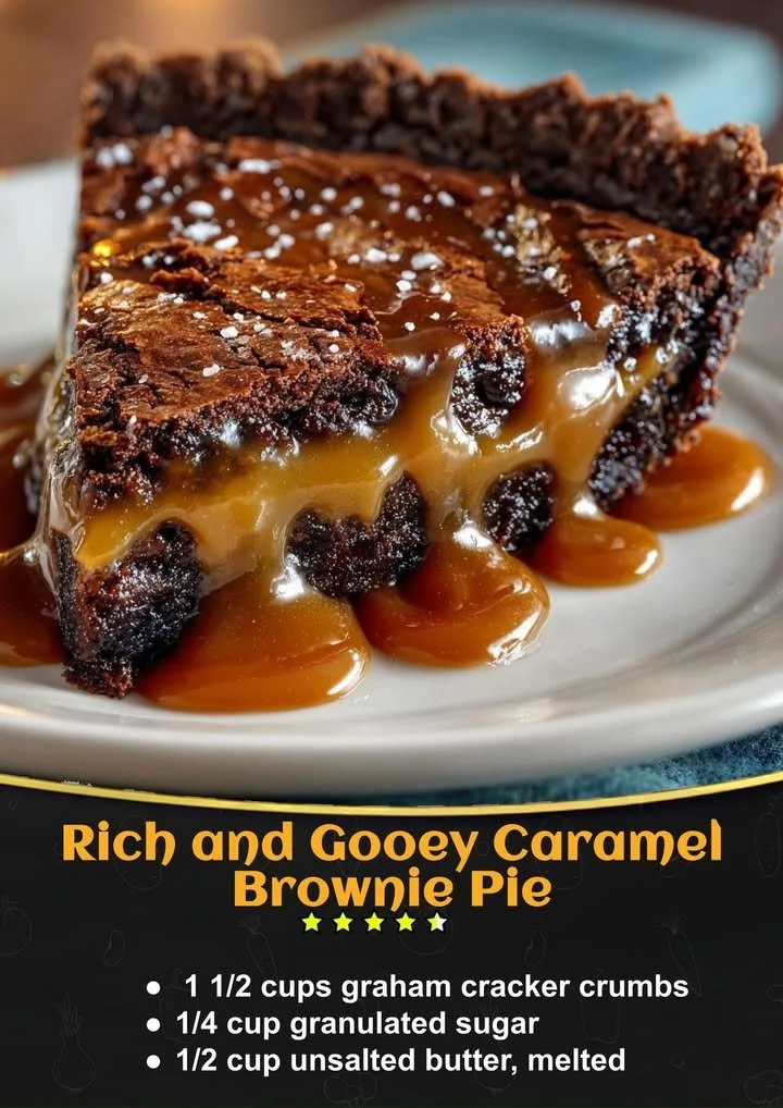 Rich caramel brownie pie with gooey chocolate layers and a tempting caramel drizzle.