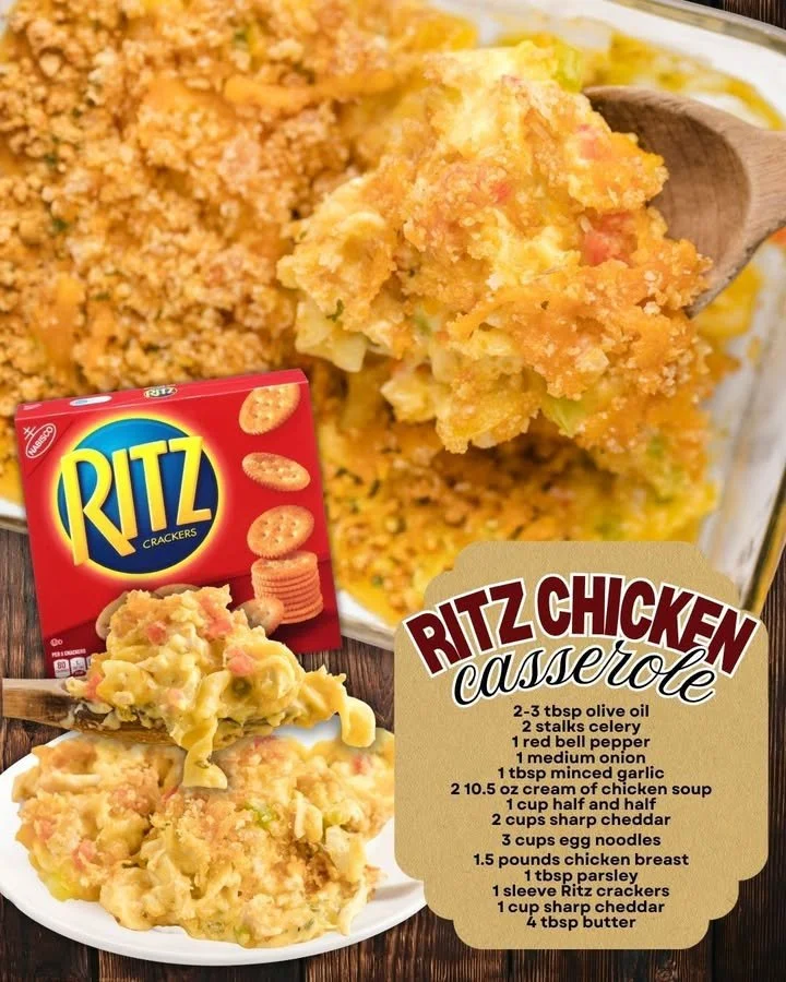 Delicious Ritz Chicken Casserole topped with crispy Ritz crackers