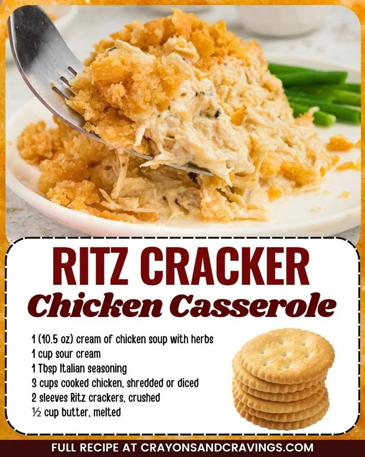 Delicious Cracker Chicken Casserole topped with Ritz crackers.