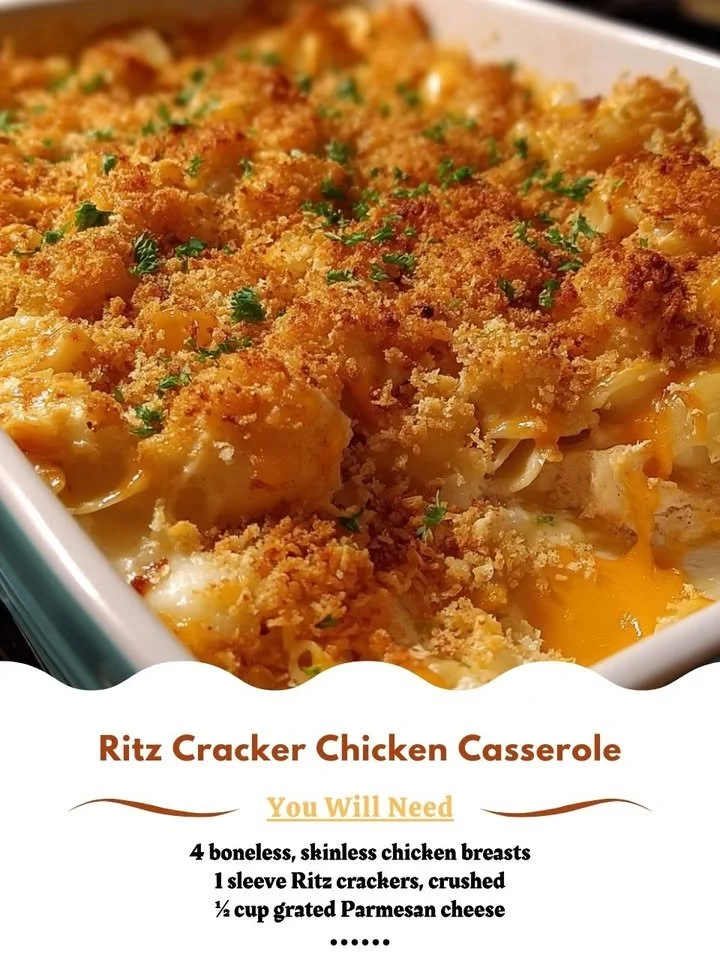 A delicious Ritz Cracker Chicken casserole served in a baking dish with crispy topping.