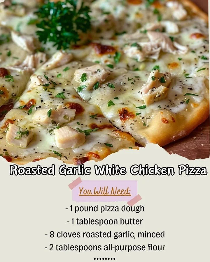 A mouthwatering Roasted Garlic White Chicken Pizza topped with fresh ingredients