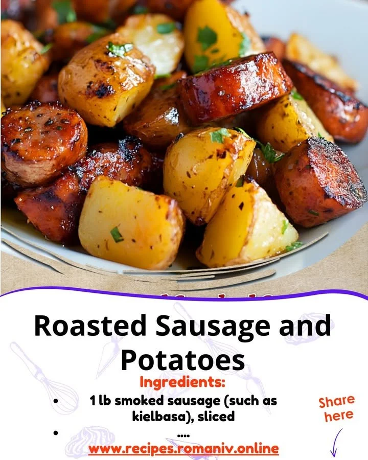 Delicious roasted sausage and potatoes served in a warm dish.