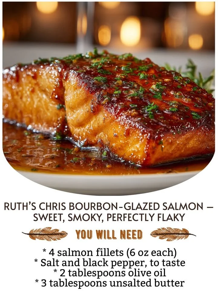 Ruth's Chris Bourbon-Glazed Salmon served with vegetables and garnishes.
