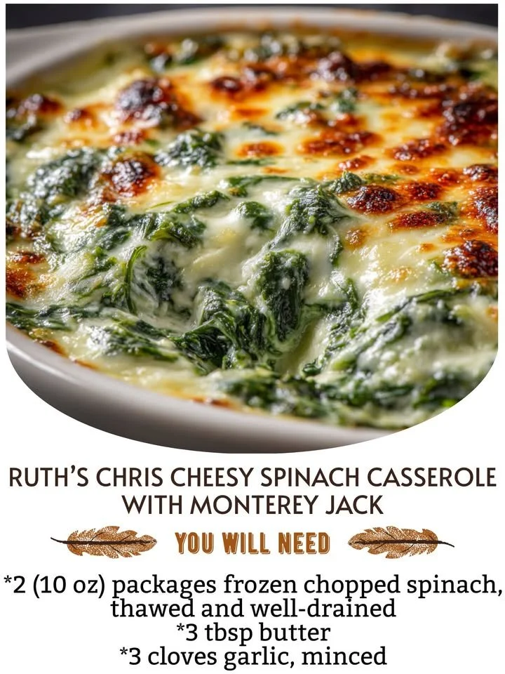 Ruth's Chris Cheesy Spinach Casserole featuring creamy Monterey Jack cheese