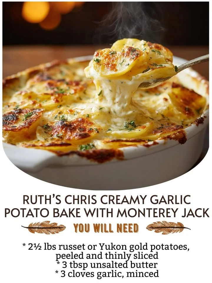 Ruth's Chris creamy garlic potato bake with melted Monterey Jack cheese