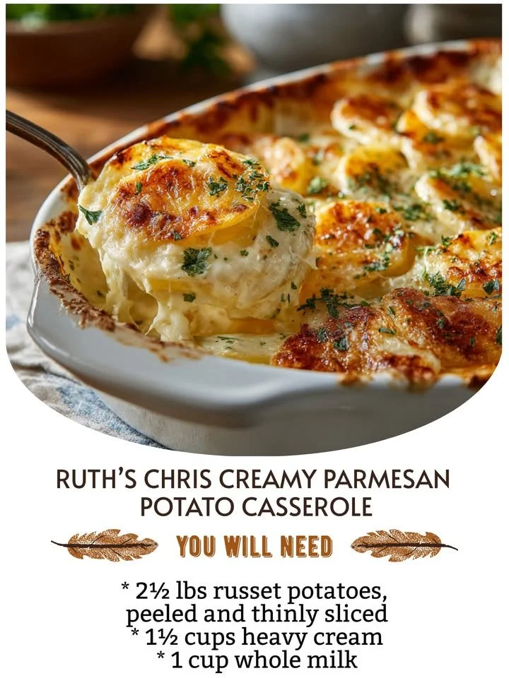 Ruth's Chris creamy Parmesan potato casserole served in a dish
