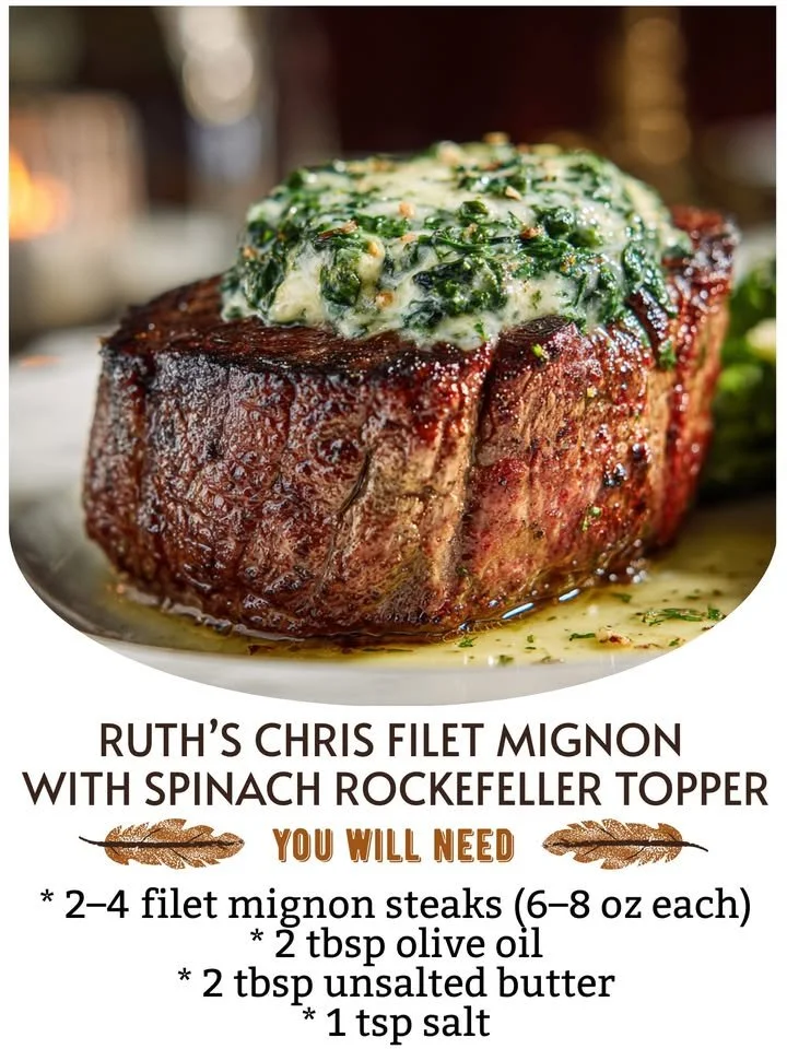 Ruth's Chris filet mignon topped with Spinach Rockefeller served on a plate