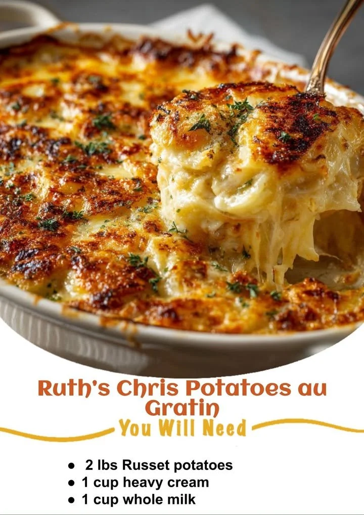 Delicious Ruth's Chris Gratin Potatoes topped with cheese and baked to perfection