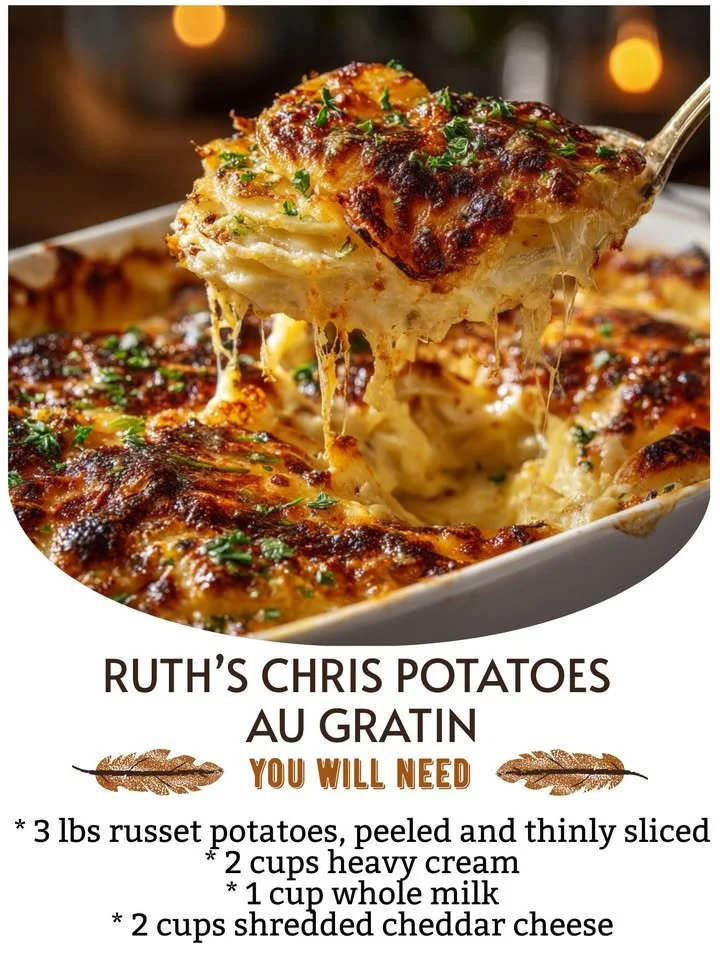 Delicious Ruth's Chris-style gratin potatoes topped with cheese and herbs