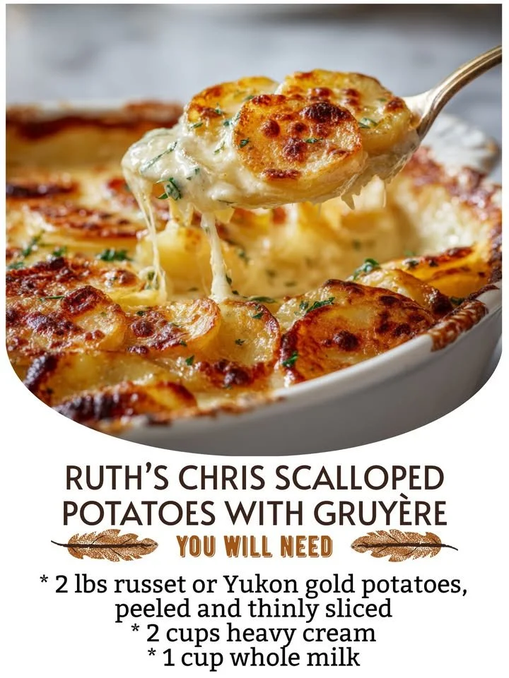 Ruth’s Chris scalloped potatoes with Gruyère served in a dish.