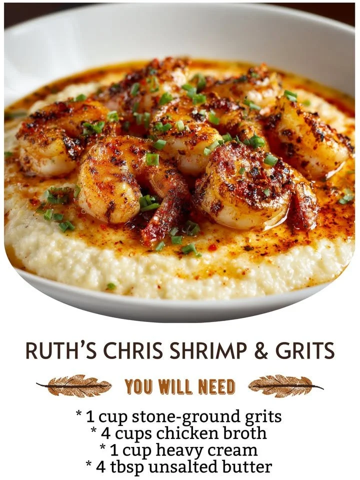 Delicious Ruth's Chris Shrimp and Grits served in a gourmet presentation.