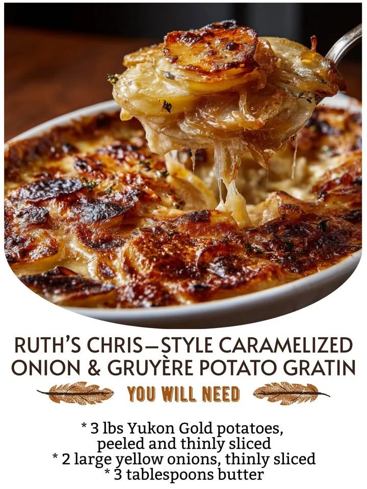 Ruth's Chris-style caramelized onion and Gruyère potato gratin served in a dish