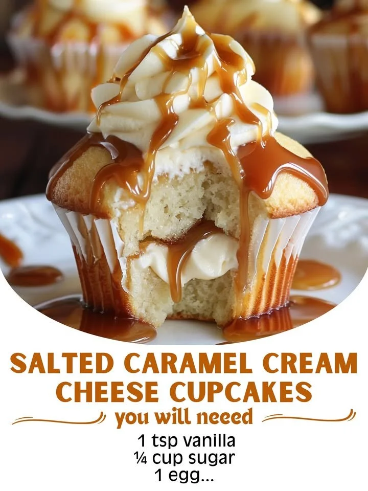 Delicious salted caramel cream cheese cupcakes topped with caramel drizzle