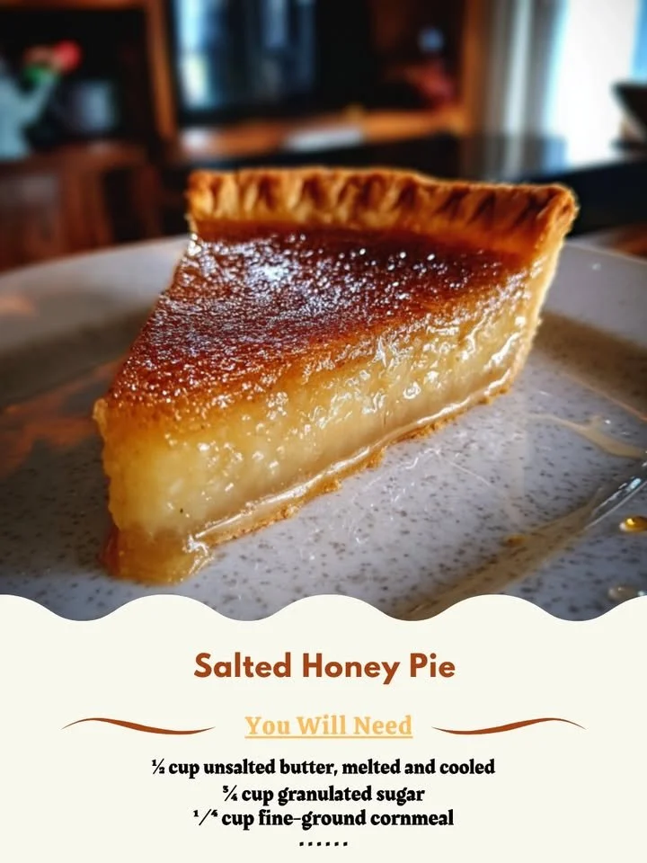 Delicious salted honey pie garnished with sea salt and honey drizzles