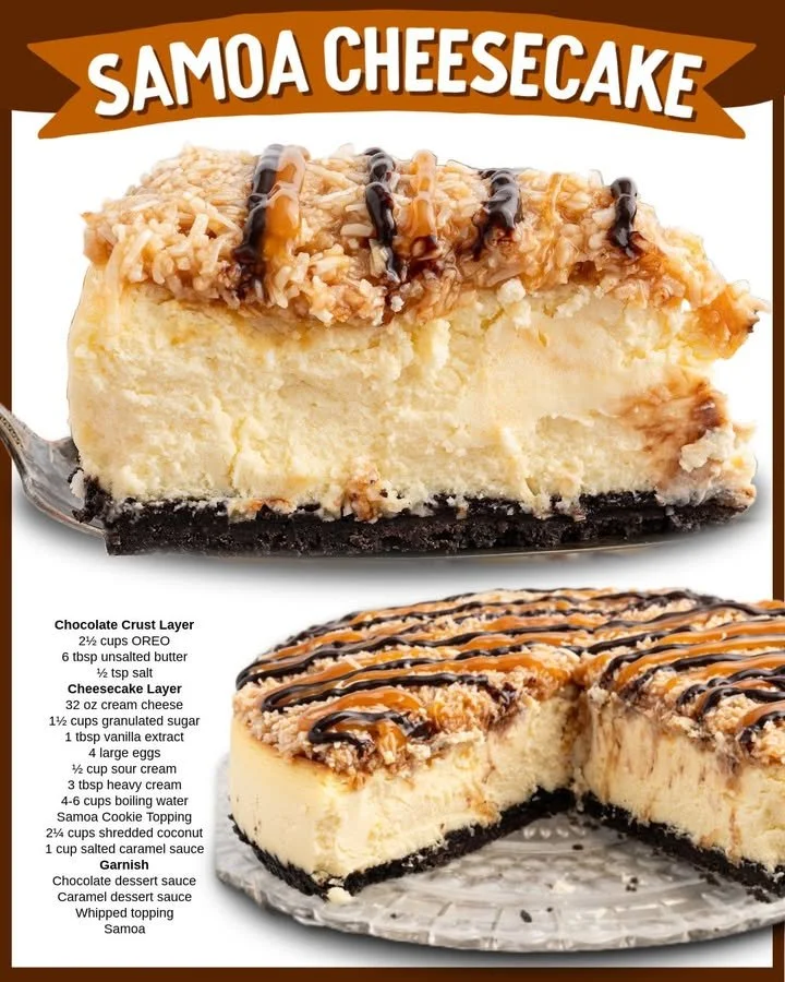 Delicious Samoa Cheesecake topped with coconut and chocolate drizzle