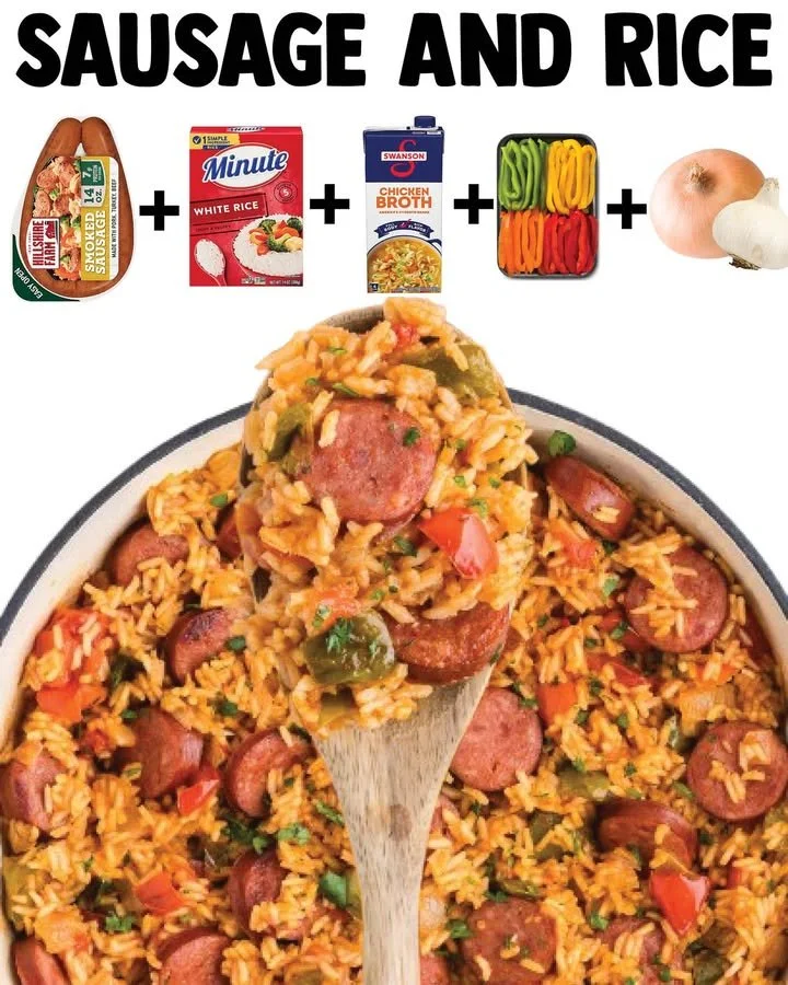 Sausage and rice dish with colorful vegetables in a bowl.