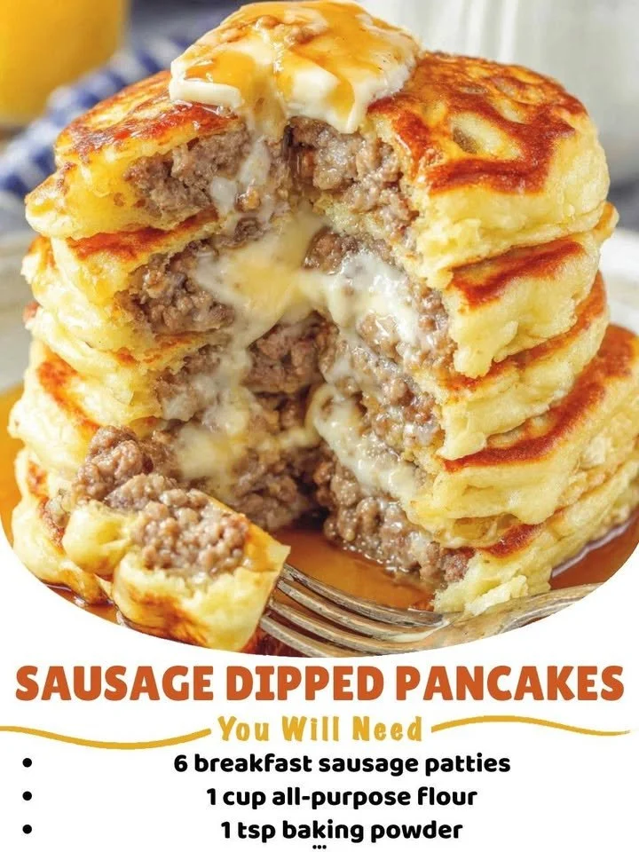 Delicious sausage dipped pancakes served with syrup on a plate
