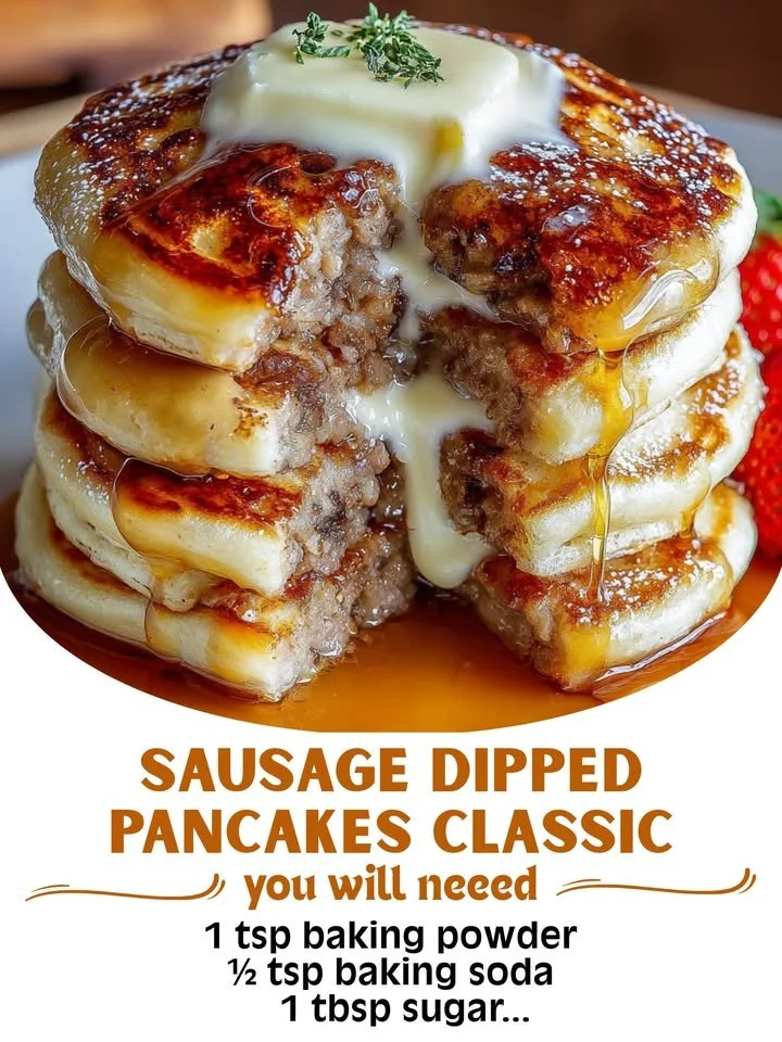 Sausage-Dipped Pancakes served with syrup and fresh toppings
