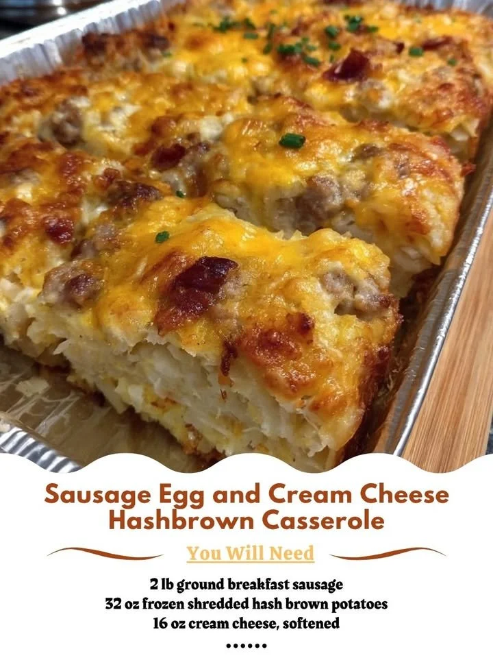 Sausage Egg and Cream Cheese Hashbrown Casserole baked golden and delicious