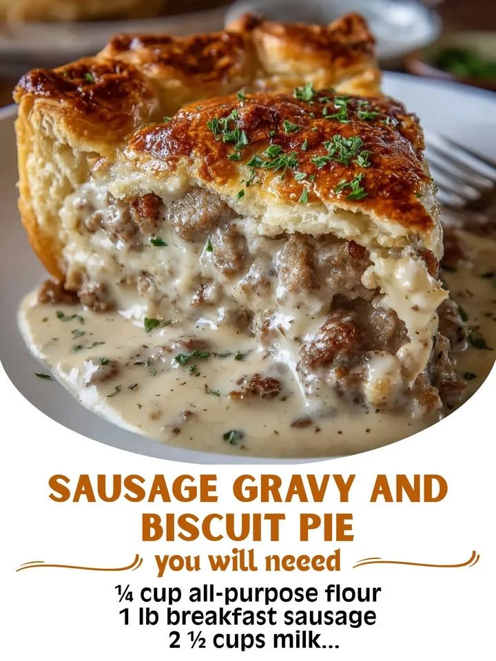 Sausage Gravy Pie with biscuits and a creamy gravy topping