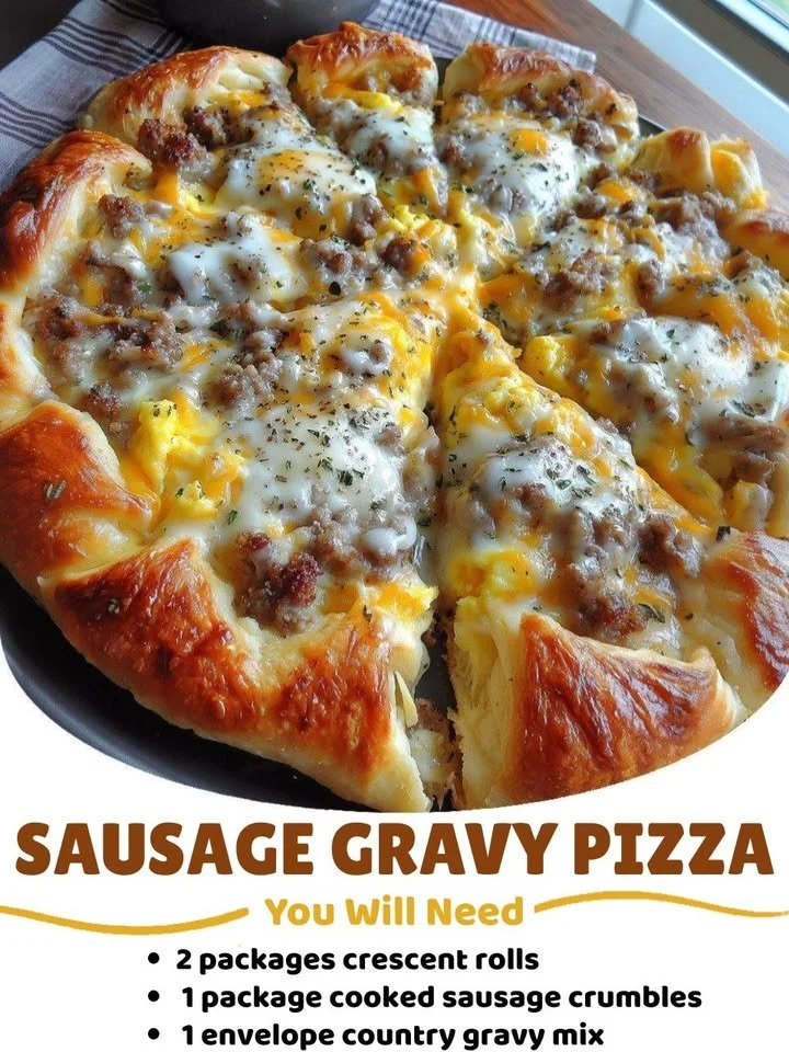 Delicious sausage gravy pizza topped with sausage and drizzled with creamy gravy.