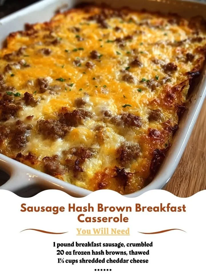 Sausage Hash Brown Breakfast Casserole served in a baking dish with fresh herbs
