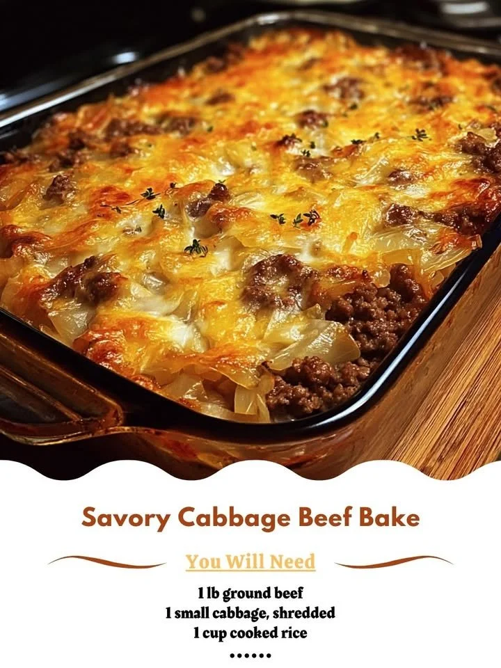 Savory cabbage beef bake with layers of beef and cabbage in a baking dish.
