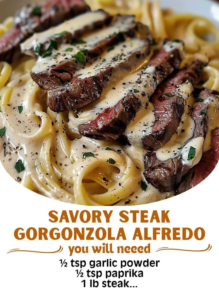 Savory steak gorgonzola alfredo served with creamy parmesan sauce