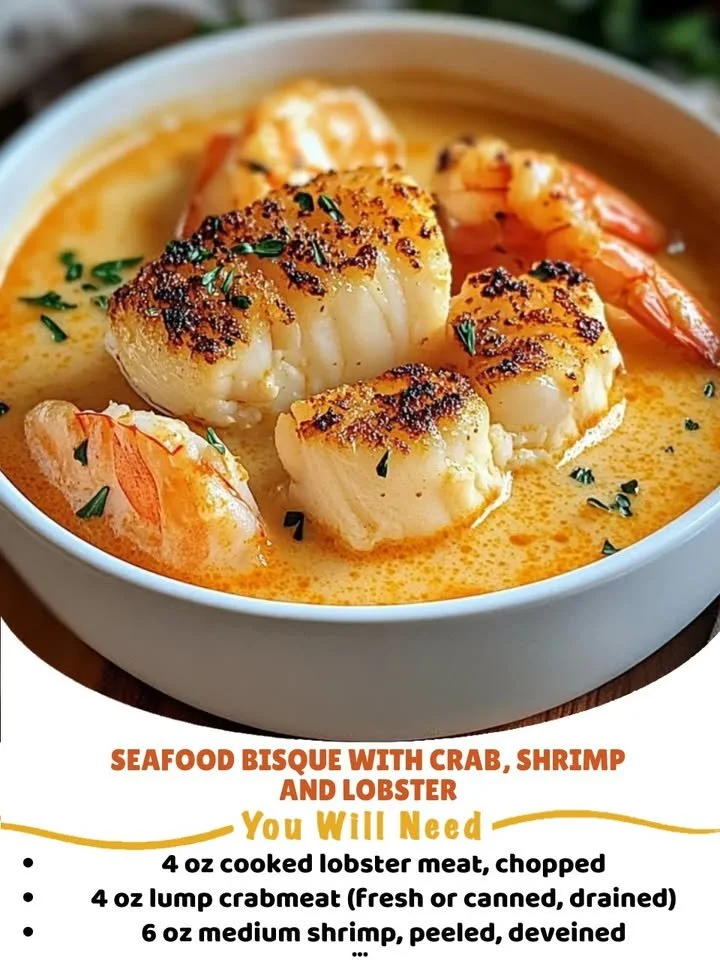 Delicious seafood bisque with crab, shrimp, and lobster served in a bowl
