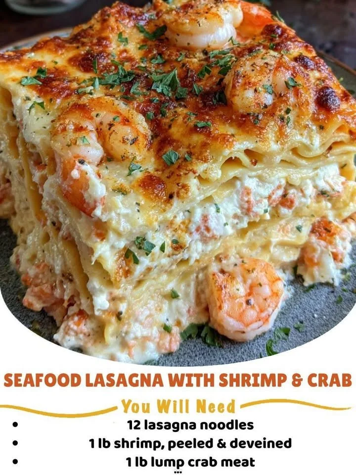 Delicious seafood lasagna with shrimp and crab layers