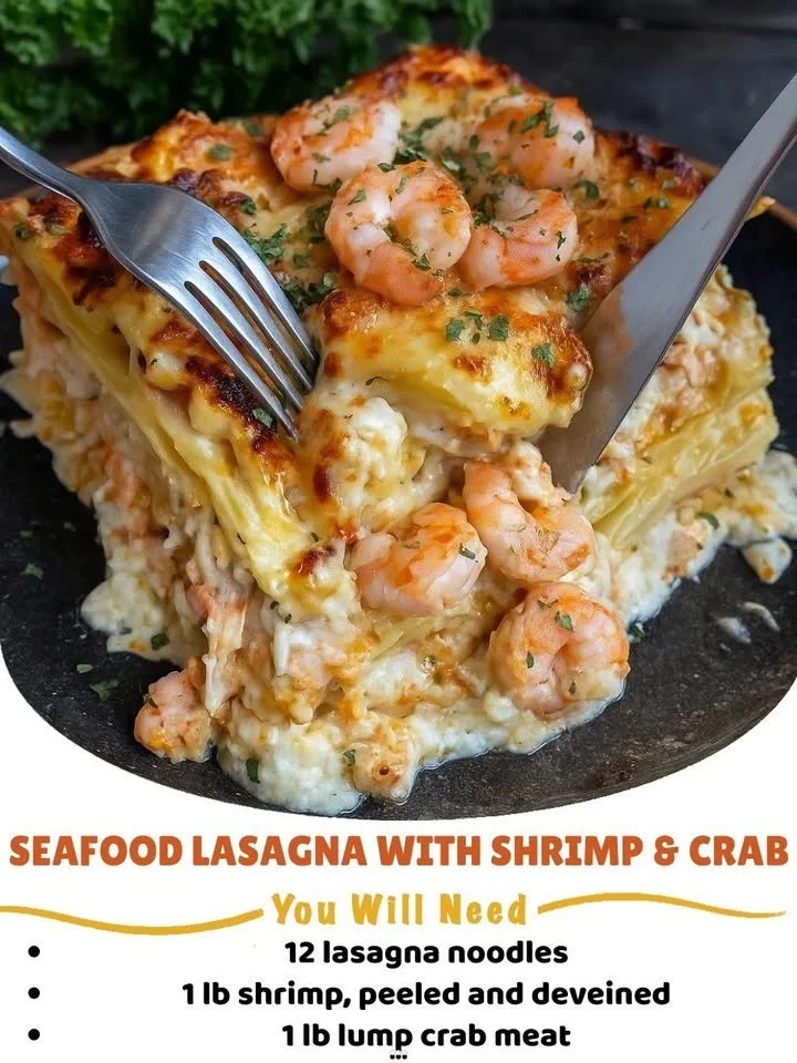 Delicious seafood lasagna with shrimp and crab layers