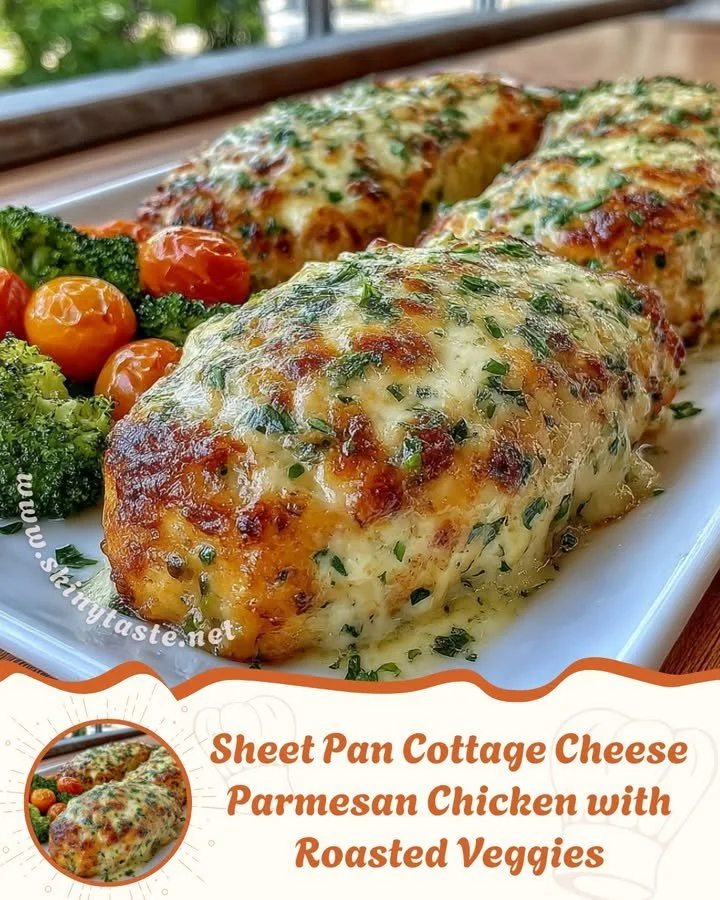 Sheet Pan Cottage Cheese Parmesan Chicken with Roasted Veggies served on a plate