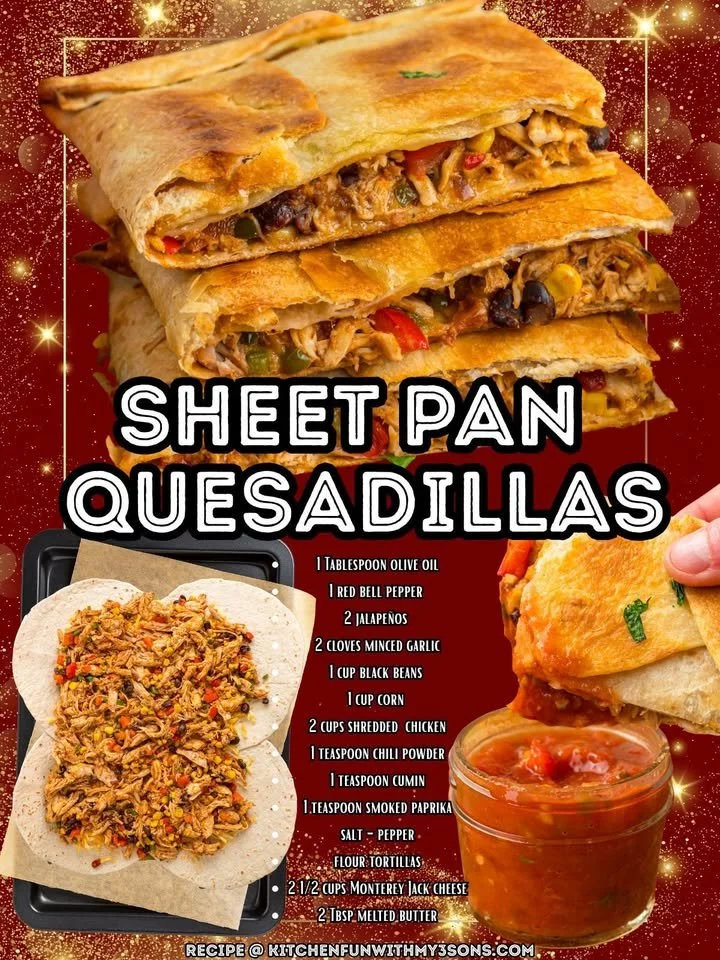 Sheet Pan Quesadillas with melted cheese and colorful toppings on a baking sheet