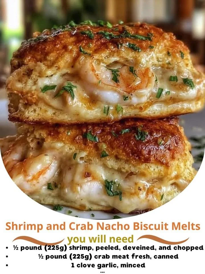 Shrimp and crab nacho biscuit melts topped with cheese and spices