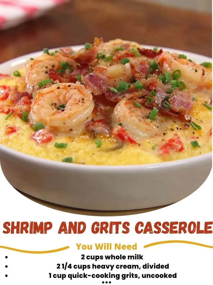 Delicious shrimp and grits casserole served with fresh herbs and spices.