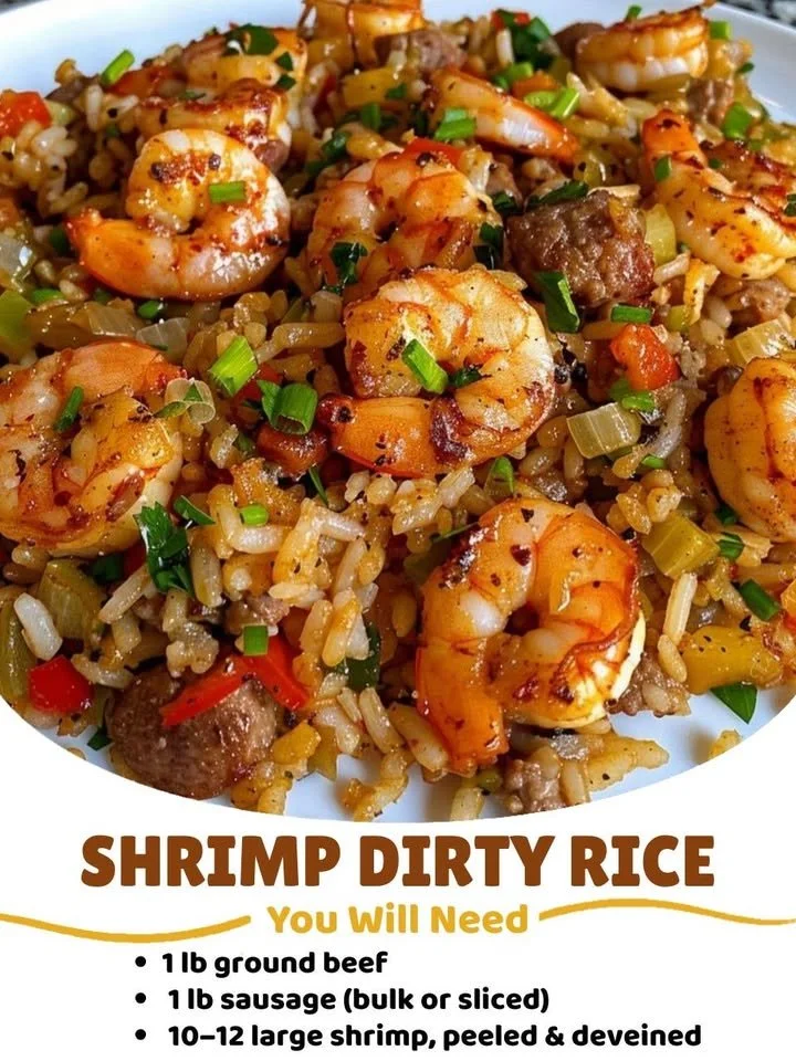 Plate of Shrimp Dirty Rice garnished with herbs and spices.