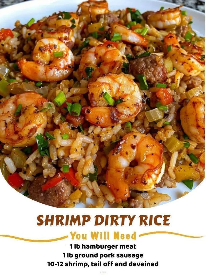Delicious Shrimp Dirty Rice served in a bowl with shrimp and spices.