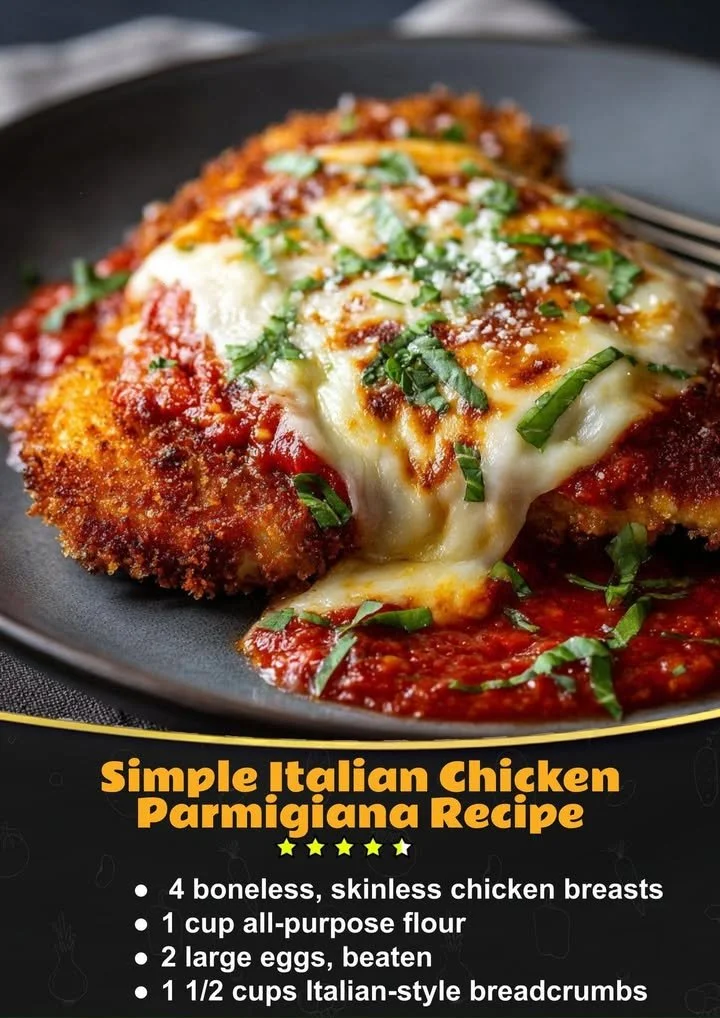 Deliciously baked Simple Italian Chicken Parmigiana on a plate with cheese and herbs