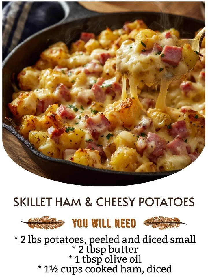 Skillet Ham served with cheesy potatoes in a skillet dish