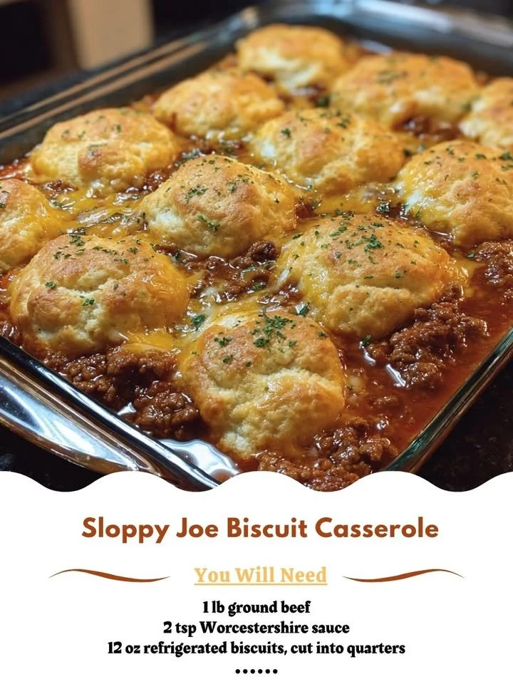 Sloppy Joe Biscuit Casserole topped with cheddar cheese and served in a baking dish.