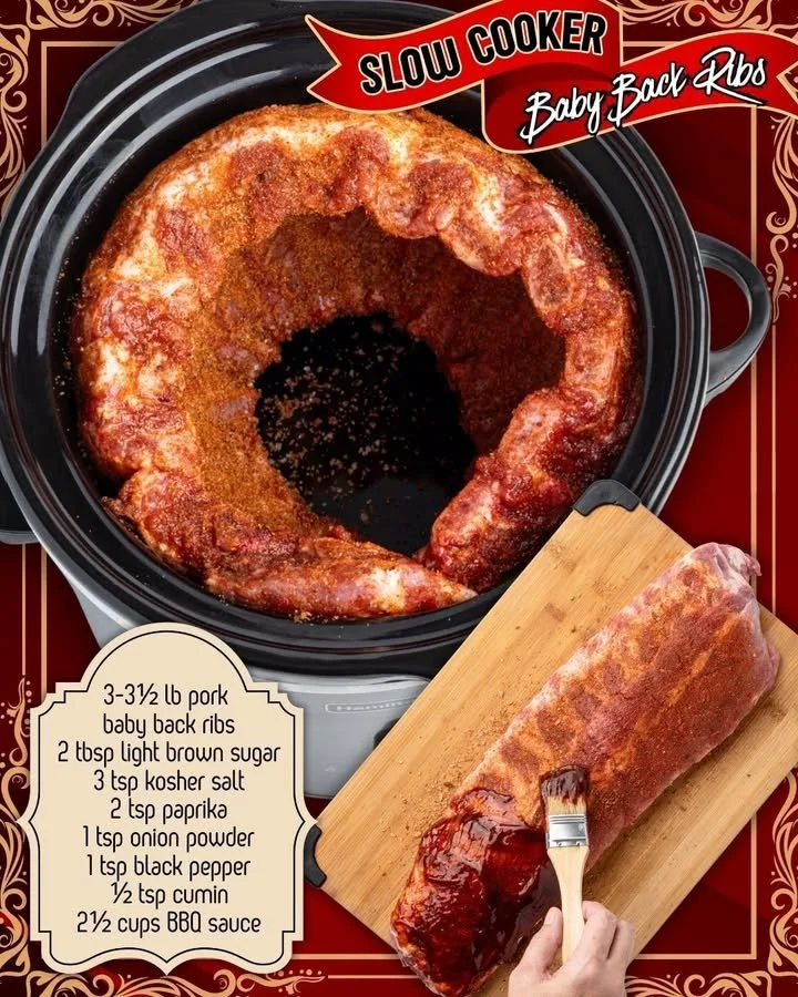 Delicious slow cooker baby back ribs served on a plate with barbecue sauce