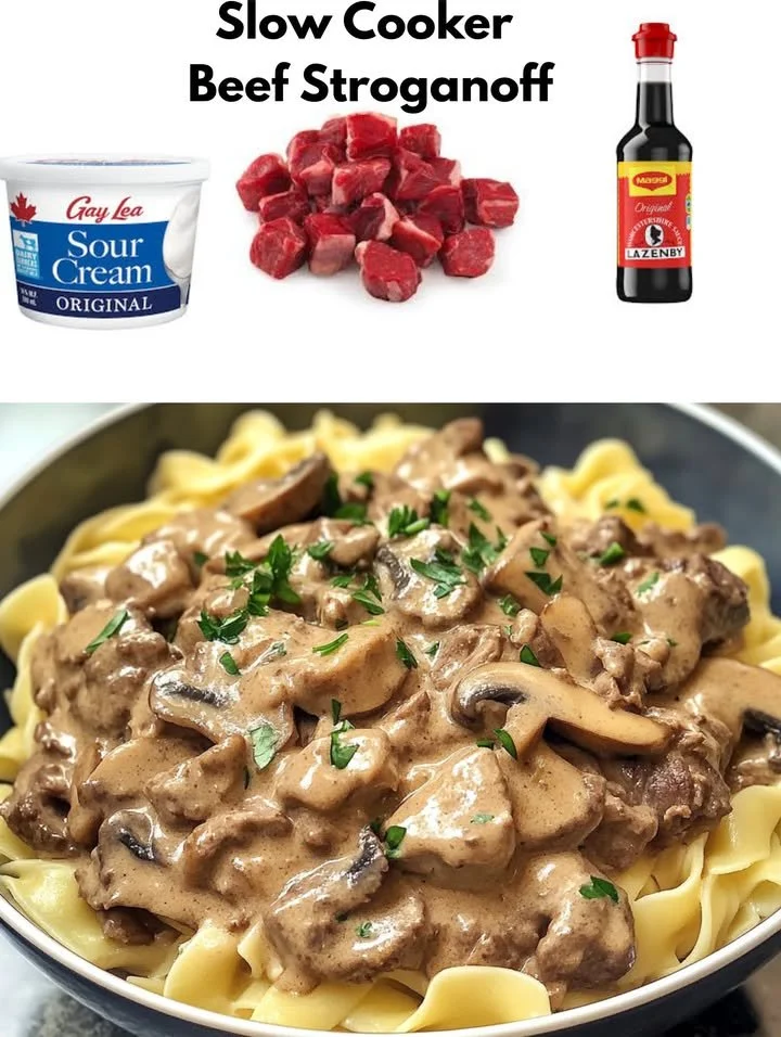 Slow Cooker Beef Stroganoff served with noodles and garnished with parsley.