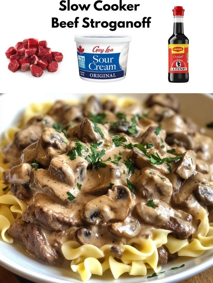 Delicious slow cooker beef stroganoff served with noodles and garnished with parsley.